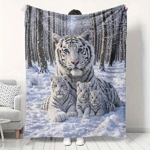 White Tiger Family Snow Print Plush Throw Blanket